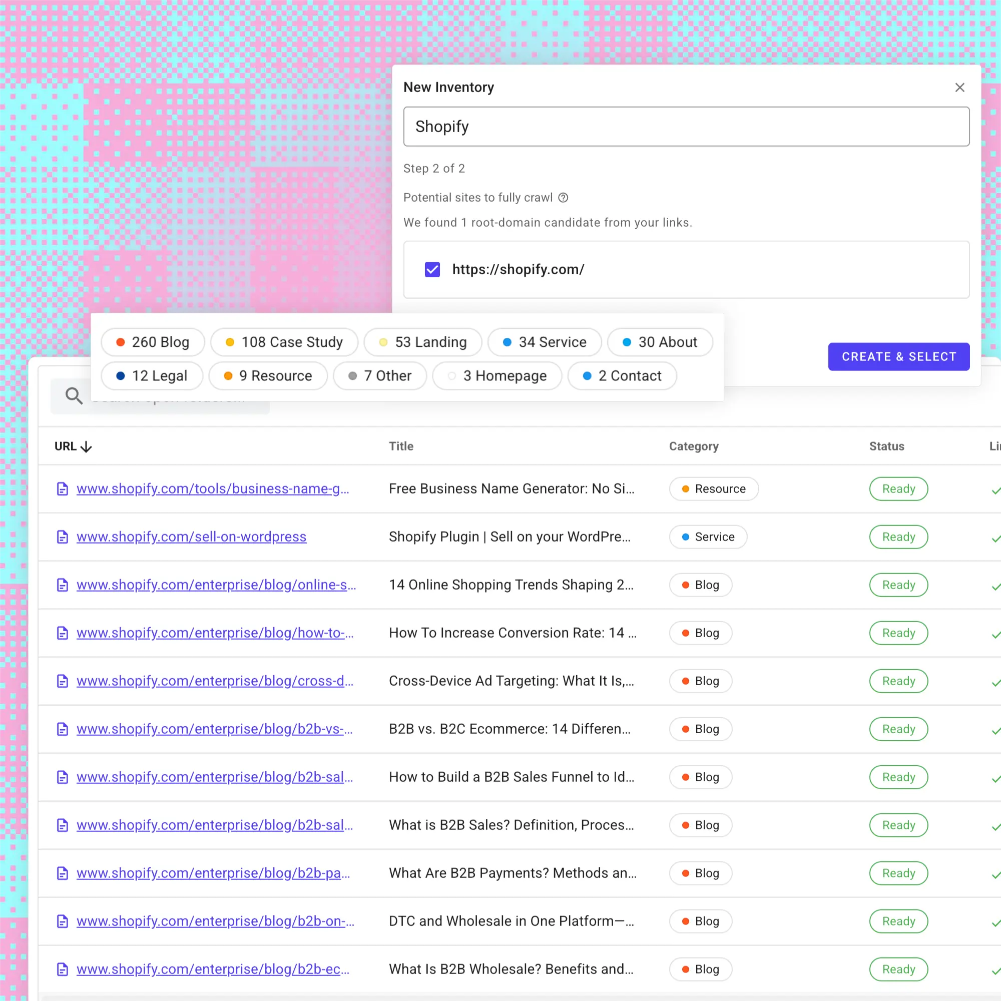 Inventory setup screen showing Shopify URLs with categories like Blog, Service, and Resource and statuses marked Ready.