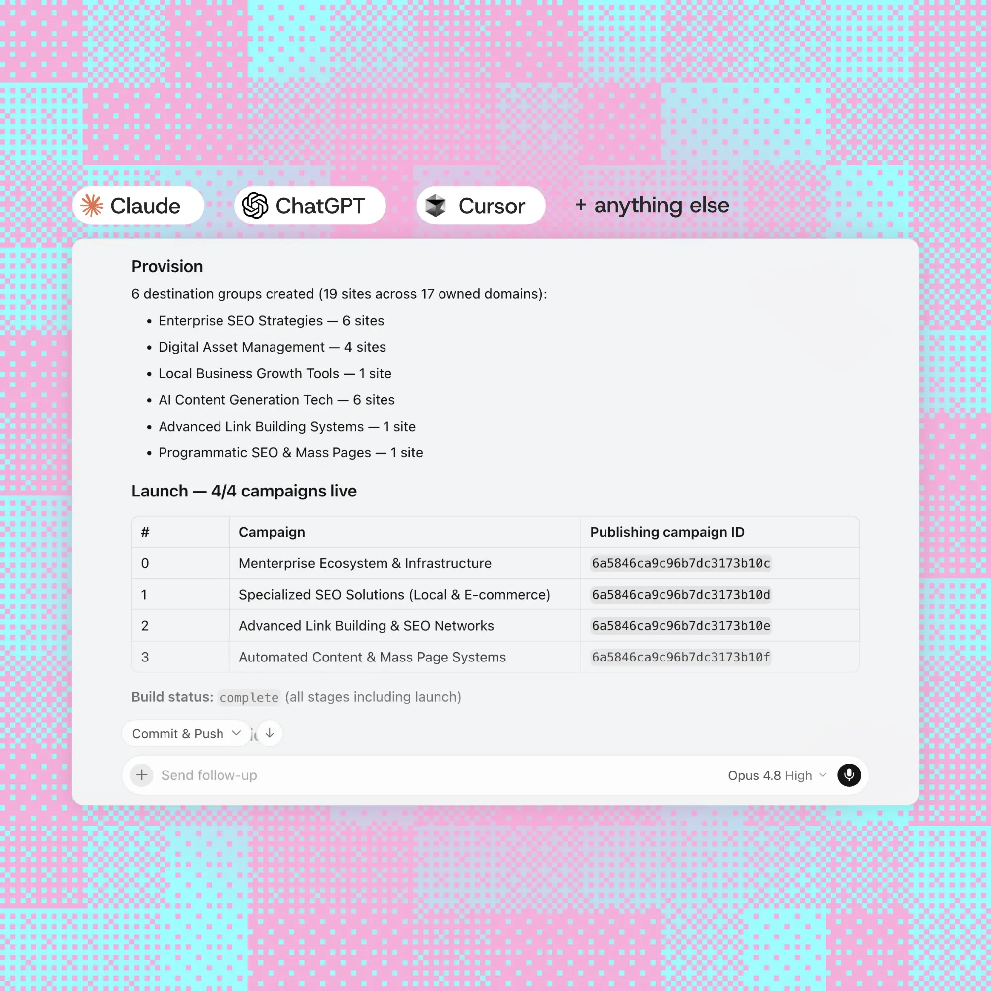 Dashboard showing 6 SEO destination groups and 4 live campaign details with IDs in a table format.