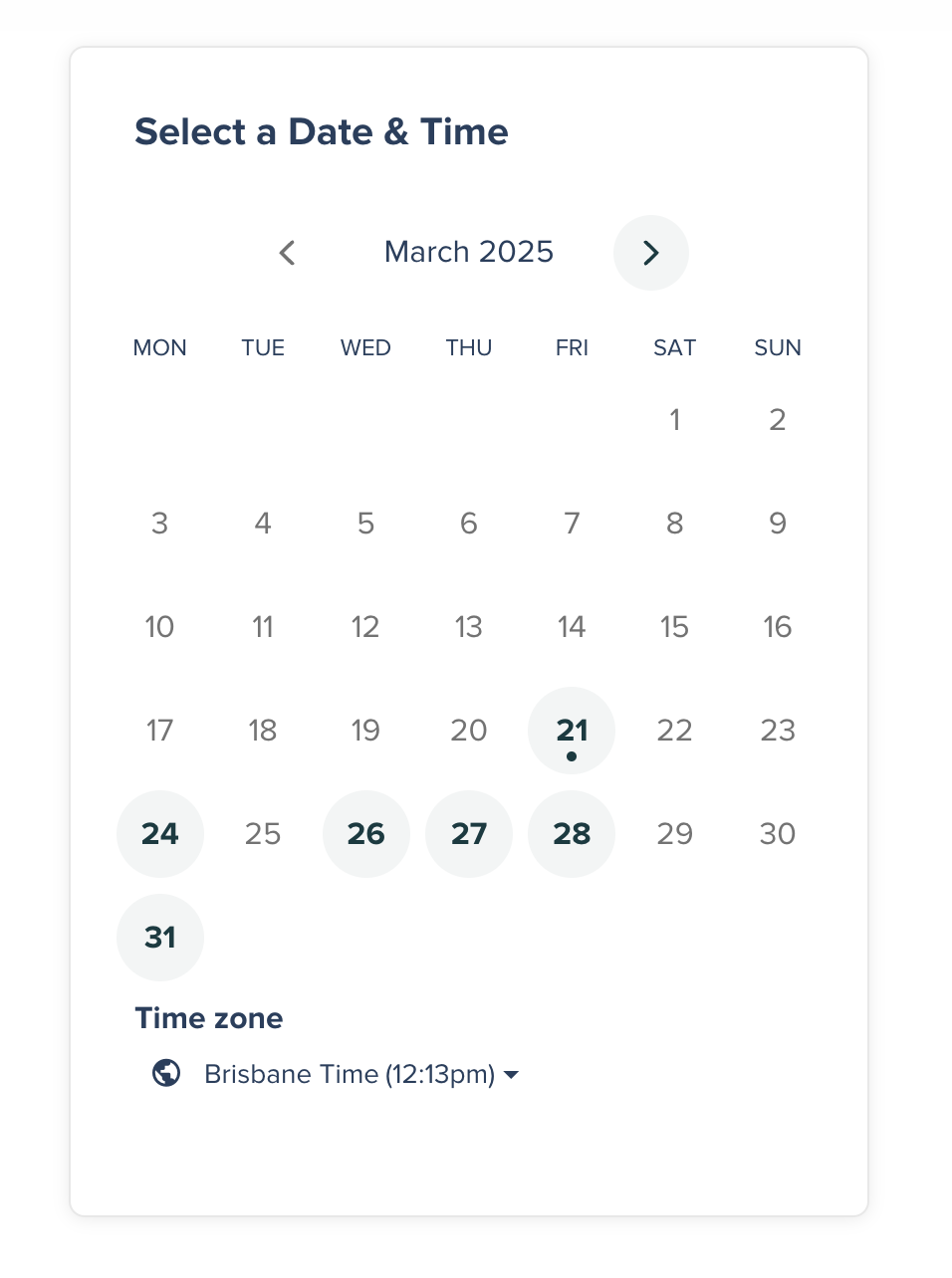 Calendar for March 2025 with highlighted dates 21, 24, 26, 27, 28, and 31 and Brisbane time zone.