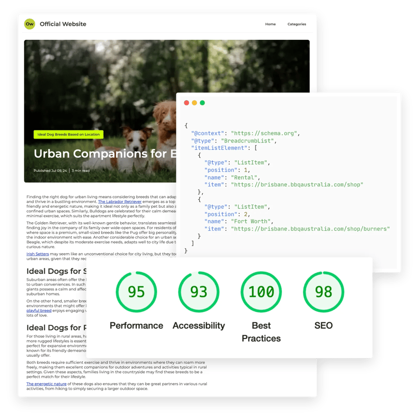 Showing a page with 95+ lighthouse scores & breadcrumbs schema